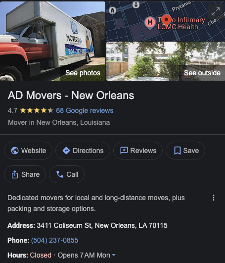 AD Movers LA Google reviews screenshot