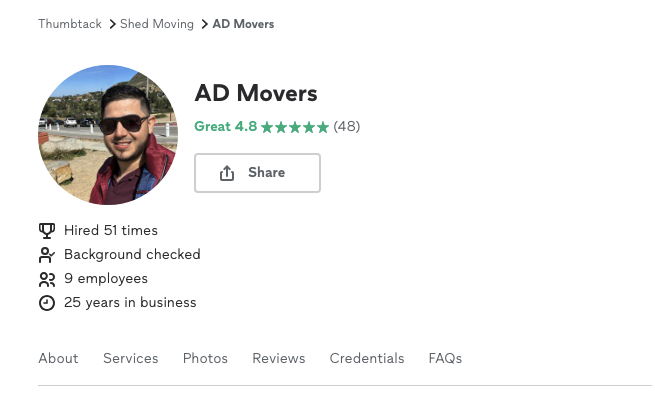 AD Movers LA Thumbtack reviews screenshot