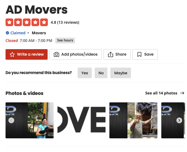 AD Movers LA Yelp reviews screenshot